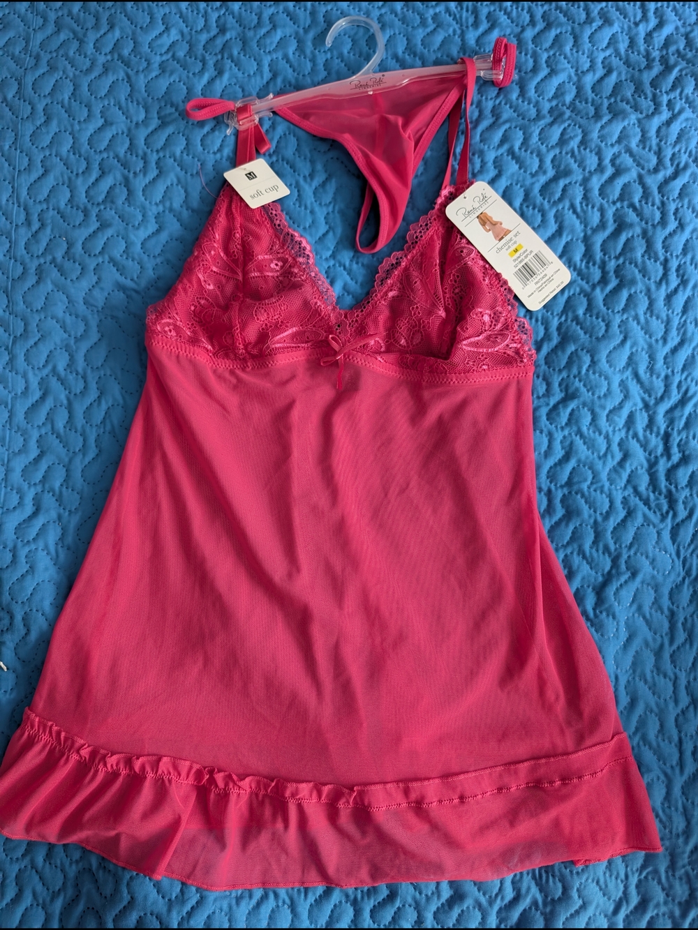 Rene Rofe Hot Pink Lace Chemise with Matching Thong